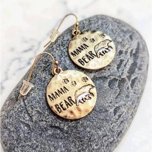 Mama Bear Bronze Silver Two-Tone Metal Disk Earrings